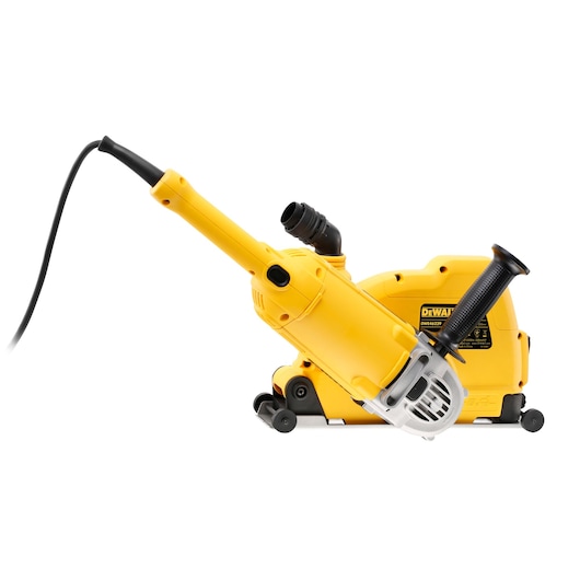 Yellow DEWALT DWE46229 electric wall chaser tool with handle and cord on a white background.