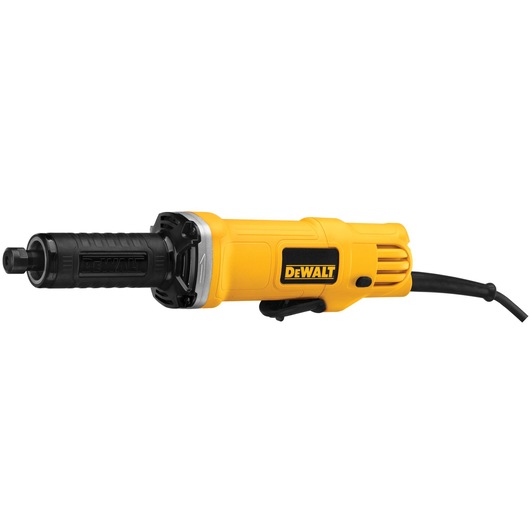 A DEWALT DWE4887N electric die grinder with a yellow and black body, featuring a cylindrical shape and corded power.