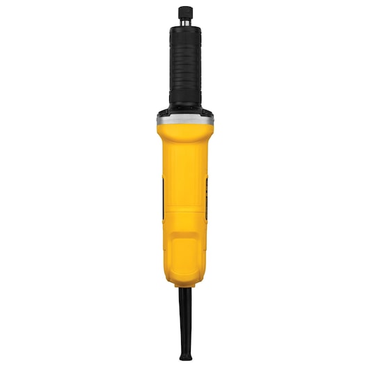 A yellow DEWALT electric die grinder tool with a black handle and cord, shown upright against a white background.