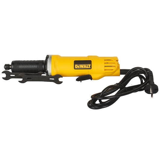 DEWALT yellow electric die grinder with black handle, cord, and attached metal wrenches.