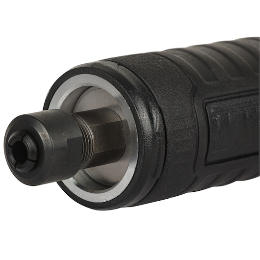 Close-up of a DEWALT die grinder showing the metal collet and textured black casing.