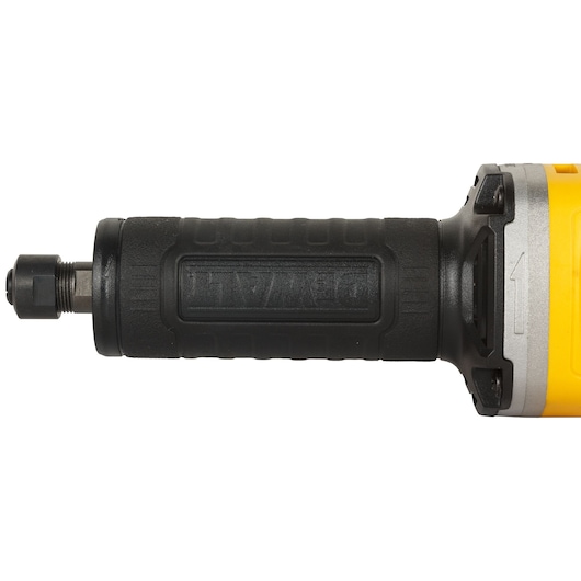 Close-up of a DEWALT DWE4887N die grinder with black grip and yellow body, tool shown horizontally.