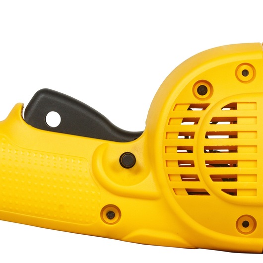 Close-up of a yellow DEWALT power tool handle and vent with textured grip and black trigger visible.