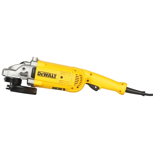Yellow DEWALT angle grinder tool with a black handle and cord, photographed on a white background.