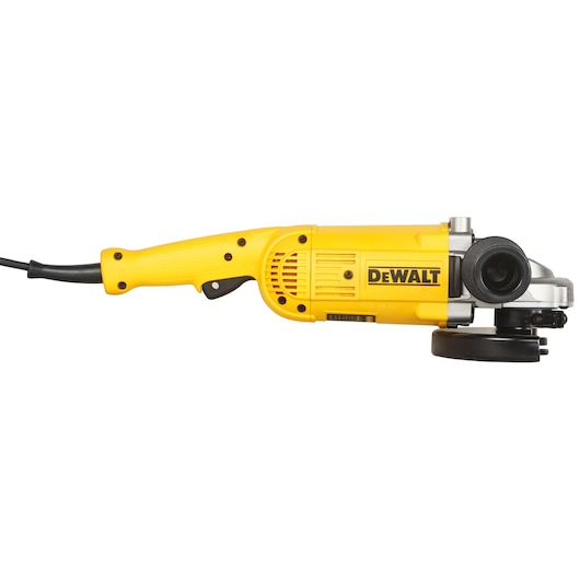Yellow DEWALT DWE493 angle grinder with side handle and power cord, displayed on a white background.