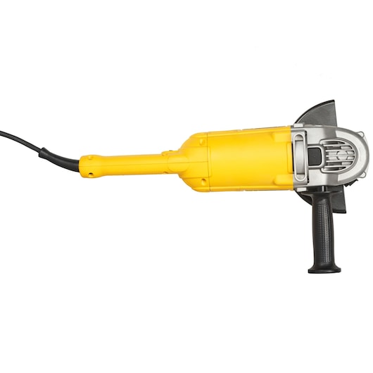 A yellow DEWALT DWE493 angle grinder with a side handle, shown against a white background.