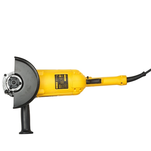 Yellow DEWALT angle grinder with side handle and protective guard, shown on a white background.