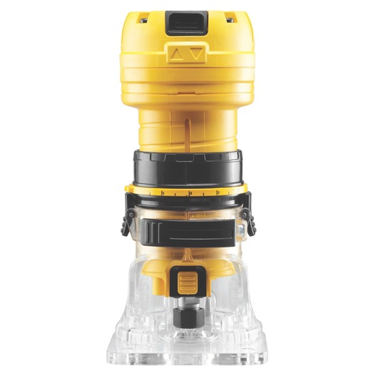 DEWALT DWE6005 compact electric router tool, yellow and black, with clear base, shown from the front.