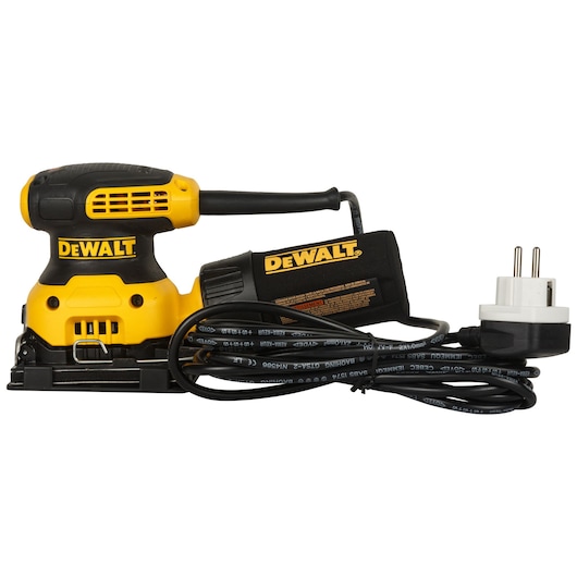 DEWALT DWE6411 electric sander with cord and plug, shown in yellow and black on a white background.