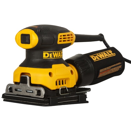 DEWALT DWE6411 yellow and black electric sander with dust bag shown on a white background.