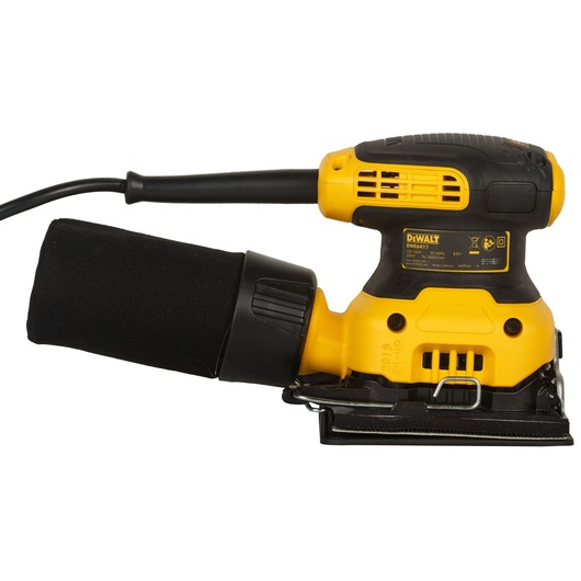 Corded yellow and black DEWALT DWE6411 power sander with dust bag, shown from side view.