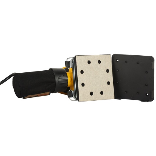 DEWALT electric hand sander with dust bag and square sanding pad, shown with pad cover detached.