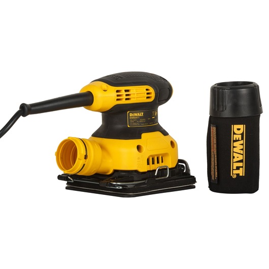 DEWALT DWE6411 yellow and black electric sander with dust collection attachment shown separately.