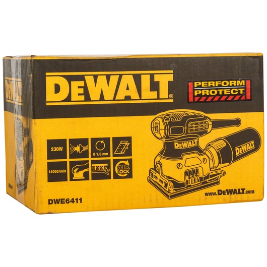 DEWALT DWE6411 sander box with product details and brand logo in yellow and black packaging.
