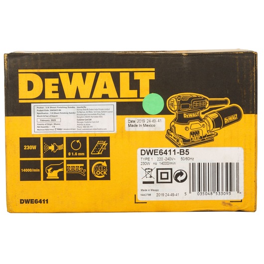 DEWALT DWE6411 sheet finishing sander box showing product details, specs, icons, and barcode.