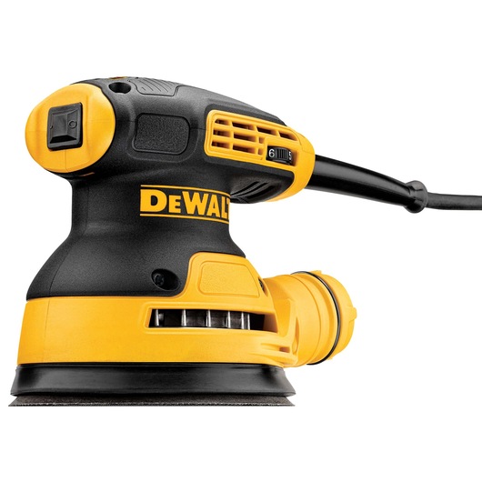 A DEWALT orbital sander, model DWE6423, featuring a yellow and black body, power cord, and speed adjustment dial. The tool is designed for sanding surfaces and is shown against a white background.