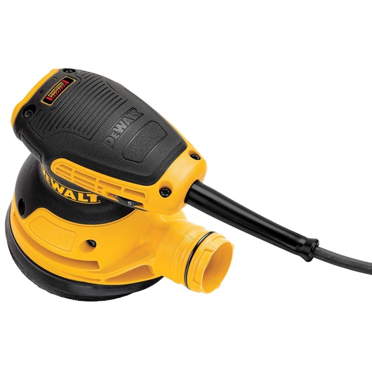 A DEWALT DWE6423 electric random orbital sander with a black and yellow design, featuring a power cord and a dust port connector.