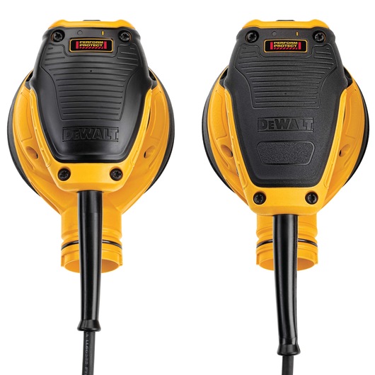 Two DEWALT DWE6423 sanders are shown side by side, displaying their yellow and black bodies and power cords.