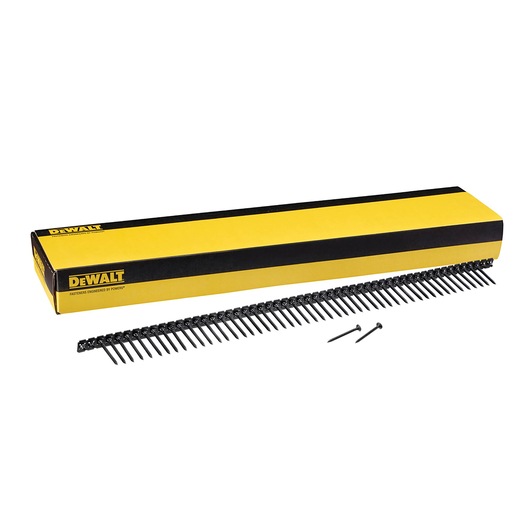 Yellow DEWALT box with collated strip of nails and two loose nails displayed in front on a white background.