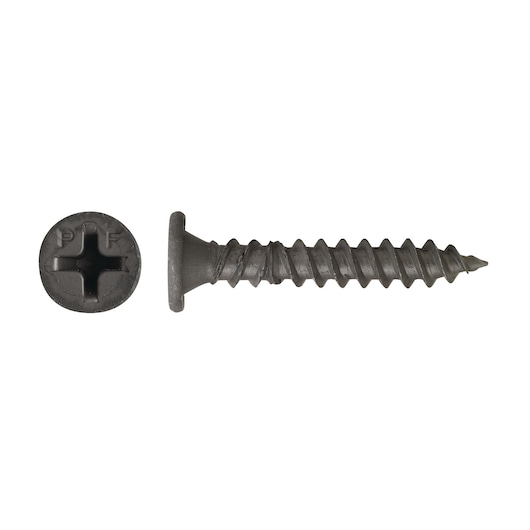 Close-up image of a black, flat-head Phillips drywall screw, shown from the side and top views.