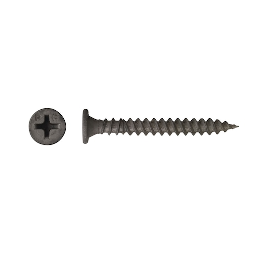 Close-up of a DEWALT black Phillips head screw, showing the head and threaded body on a white background.