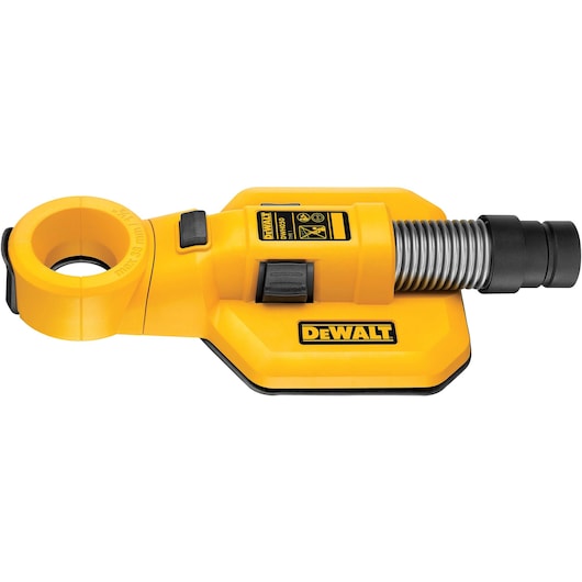 A yellow DEWALT DWH050 drilling dust extraction attachment with black and grey accents, designed to collect dust during drilling tasks.