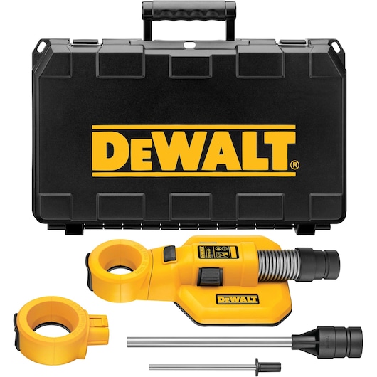 DEWALT dust extraction attachment kit for drilling, including a yellow dust extractor, accessory parts, metal rods, and a black carrying case with DEWALT logo.