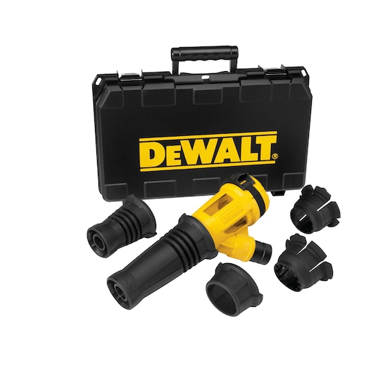 DEWALT dust extraction kit with yellow tool, black case, and several black attachments.