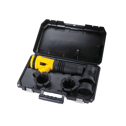 DEWALT tool kit with yellow and black attachment, shown in an open black carrying case with accessories.