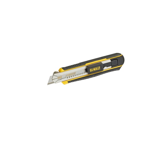 DEWALT utility knife with retractable blade and black-yellow handle, isolated on white background.