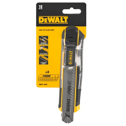 DEWALT snap-off blade knife in packaging, 18mm, features auto blade reload and ergonomic handle.