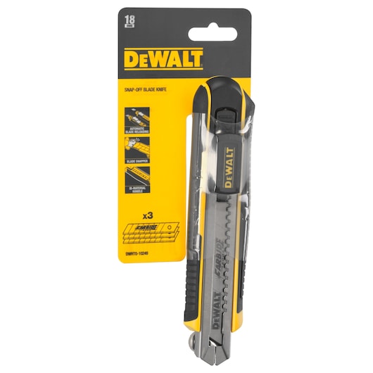 DEWALT snap-off blade knife in yellow and black retail packaging, featuring 18 mm blades and ergonomic handle.