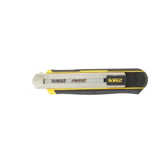 DEWALT utility knife with carbide blade, black and yellow handle, shown on white background.