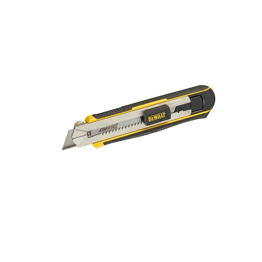 DEWALT utility knife with retractable blade and ergonomic handle, shown on white background.