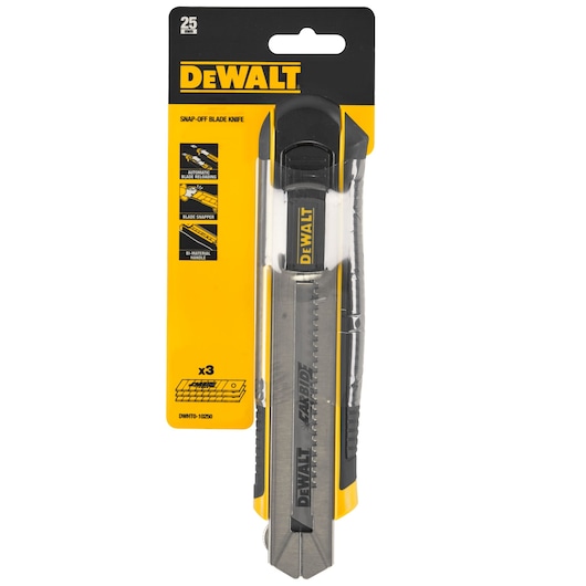 DEWALT snap-off blade knife in package, 25mm blade, DWHT0-10250, yellow and black design.