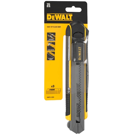 DEWALT snap-off blade knife in yellow and black packaging, model DWHT0-10250, for cutting and craft use.