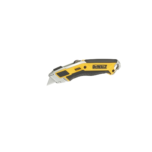 DEWALT utility knife with retractable blade and ergonomic yellow-black handle, shown on a white background.