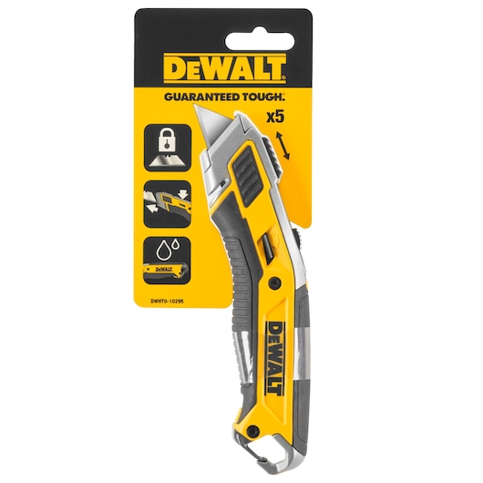 DEWALT utility knife with yellow and black handle, in retail packaging. Model DWHT0-10295, includes 5 blades.