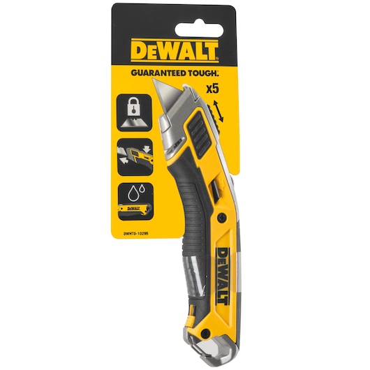 DEWALT utility knife with yellow and black handle, packaged, SKU DWHT0-10295, five blades included.