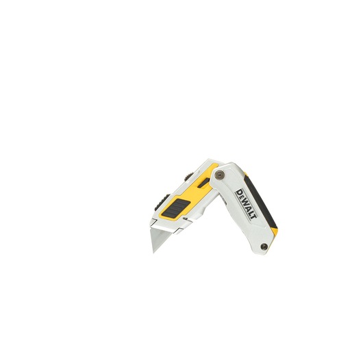A DEWALT folding utility knife with a silver and yellow handle and exposed blade, shown against a white background.