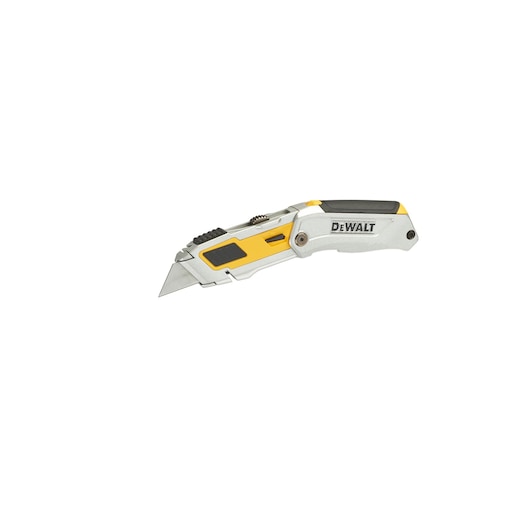 DEWALT folding utility knife with a yellow and silver handle and a retractable blade.
