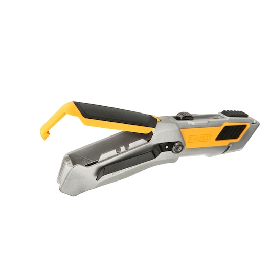 DEWALT utility knife with retractable blade and yellow-black handle, shown against a white background.