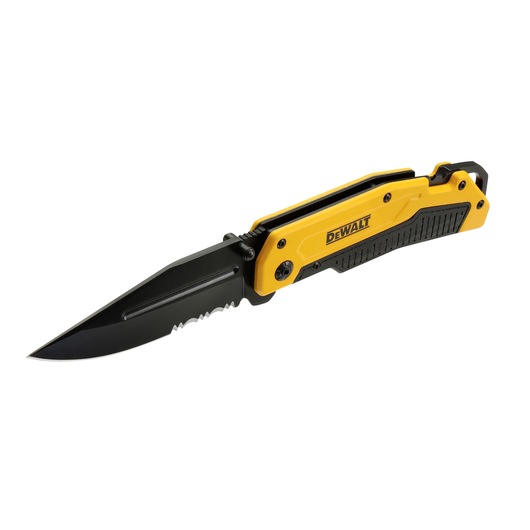 Yellow and black DEWALT folding pocket knife with partially serrated blade, shown open.