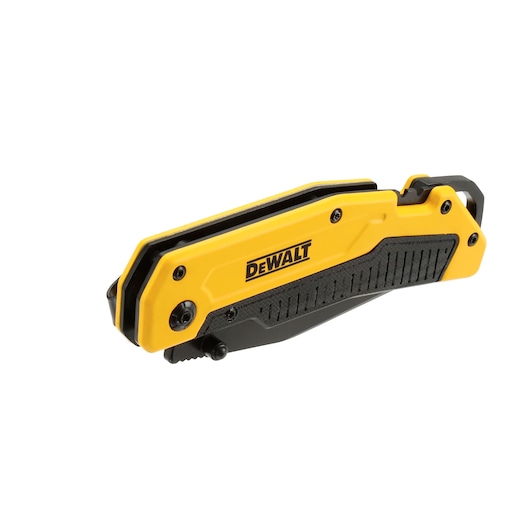 Closed DEWALT folding utility knife with yellow and black handle, shown on a white background.