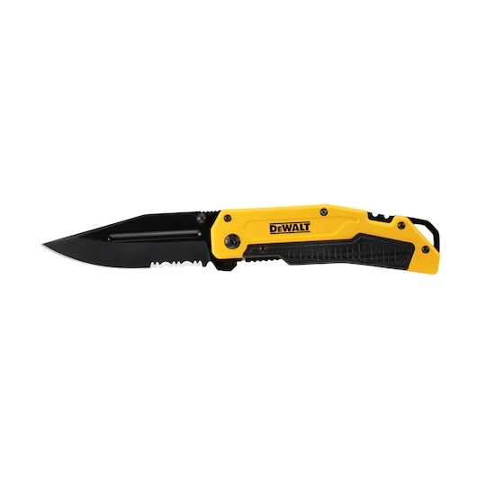 DEWALT folding pocket knife with black serrated blade and yellow handle, shown on white background.