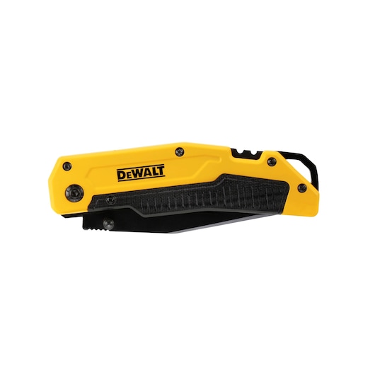 Closed DEWALT folding utility knife with yellow and black handle on a white background.