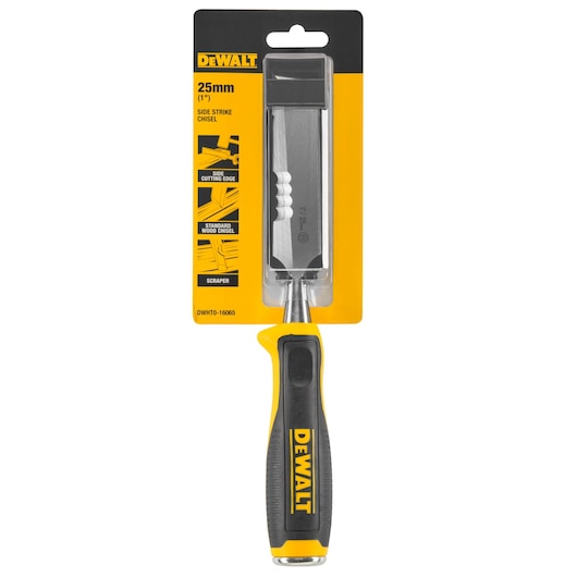 DEWALT 25mm side strike chisel in packaging, black and yellow handle, woodworking tool.