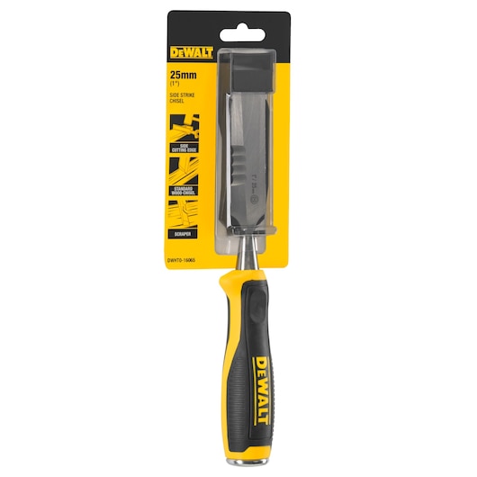 DEWALT 25mm side strike chisel with yellow and black handle in retail packaging.