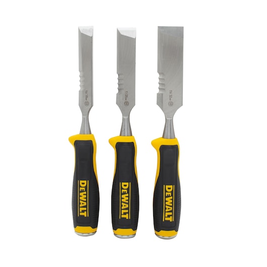 Three DEWALT wood chisels with black and yellow handles, different blade widths, shown upright on white background.