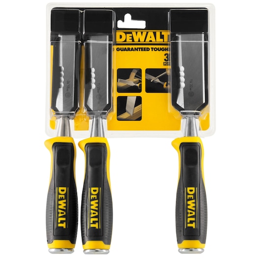 DEWALT set of three woodworking chisels with yellow and black handles in packaging.
